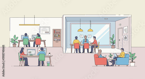 Diverse office spaces with people working at desks and in meeting rooms