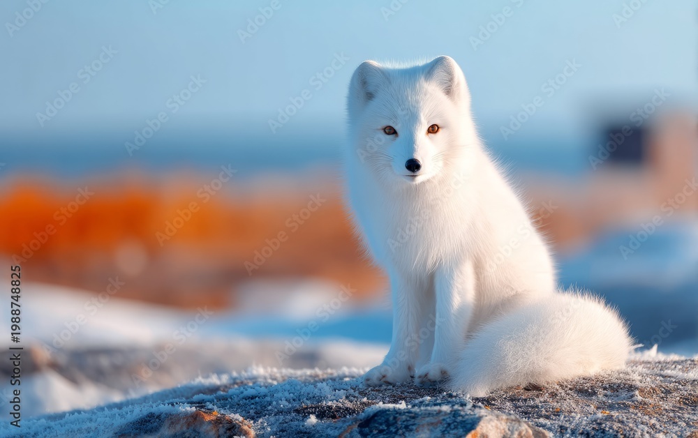 Fototapeta premium Arctic Fox Sitting on Frosty Terrain with Thick White Fur