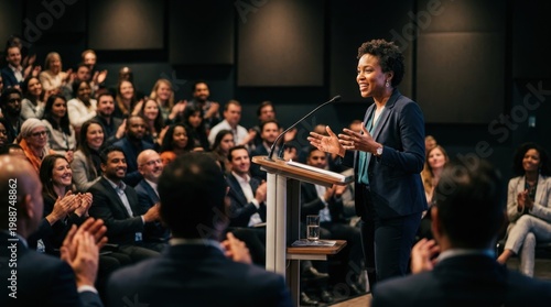 Confident speaker standing at modern podium with microphone, addressing diverse audience seated in auditorium, hands gesturing mid-speech with dynamic expression, warm stage