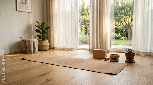 A serene home yoga space with a cork mat, wooden block, and singing bowl on a hardwood floor. Sunlight streams through the large glass doors facing a bright green garden.