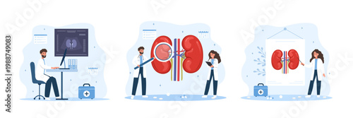 Kidney diseases set. Nephrolithiasis diagnosis and treatment. Vector illustration in flat cartoon style.