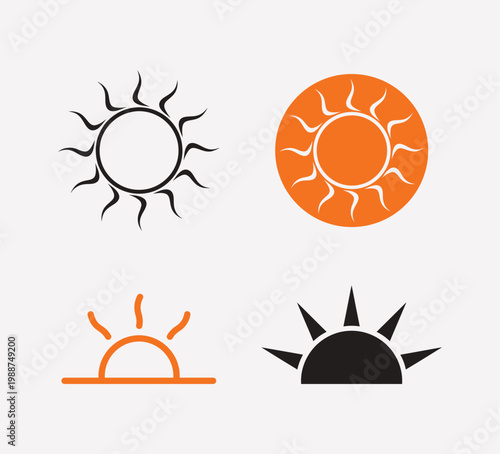 Four different sun icons in various colors and styles Vector, EPS