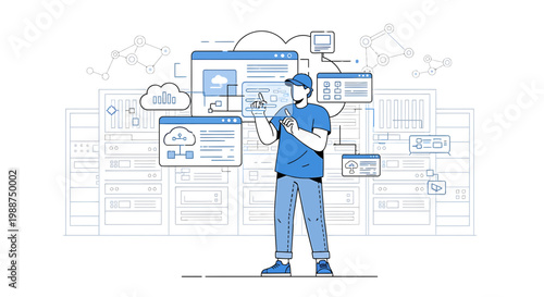 IT professional managing cloud servers and network infrastructure with digital interface