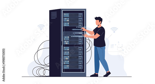 IT technician working on server rack in data center, network equipment, technology concept