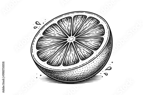 Hand-drawn vintage engraving of a fresh orange slice, detailed citrus fruit half illustration with woodcut texture, ideal for organic food labels, healthy juice packaging, and botanical art.