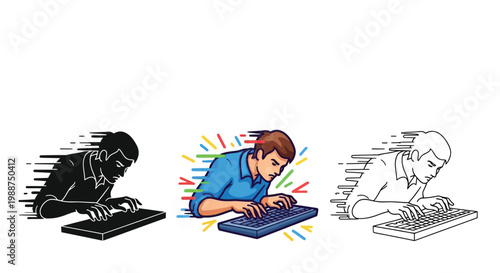 Focused young man quickly typing on a computer keyboard in this colorful vector graphic design illustration