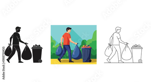 Vector art showing a dedicated man taking out trash, promoting environmental cleanliness and waste management.