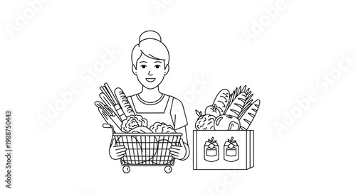 Smiling woman holding a shopping basket filled with fresh groceries in this simple black line illustration