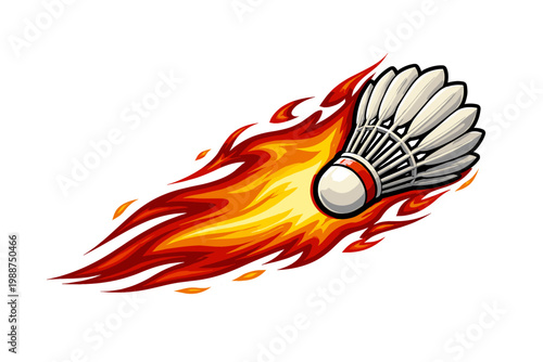 Dynamic Vector Illustration of a Burning Badminton Shuttlecock with Intense Orange and Yellow Flames, Representing Speed, Power, and Competitive Spirit in Sports, Isolated on White Background.