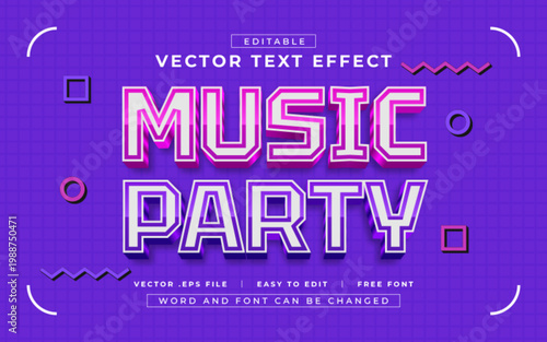 Editable Music Party Vector Text Effect Style – 3D Purple Layered with Memphis Elements