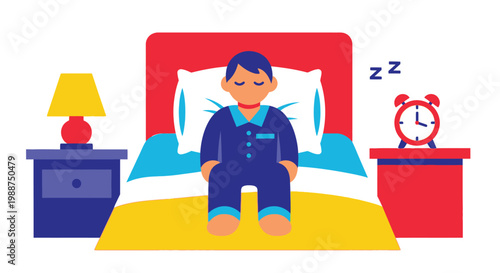 Flat vector graphic illustrating a person sleeping peacefully in bed with pajamas and an alarm clock.