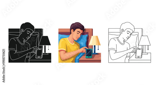 Vector illustration of a young man using his smartphone while sitting in bed at night
