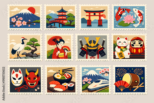Set of Japanese postage stamps featuring traditional culture symbols like Mount Fuji, cherry blossoms, torii gate, koi fish, samurai, geisha, sushi, ramen, bullet train, and lucky cat vector icons.