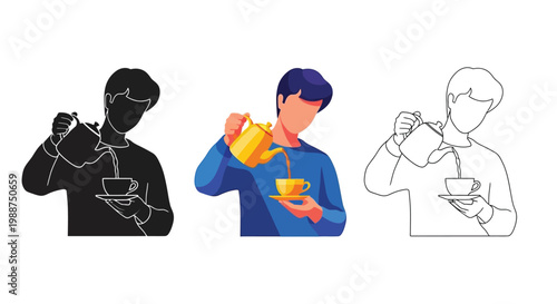 Young man pouring hot tea into a cup shown in flat vector graphic style design illustration