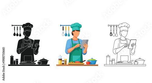 Professional chef using a tablet to follow digital recipes in this colorful vector graphic illustration set
