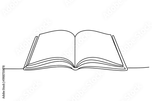 Continuous line drawing of an open book with blank pages, minimalist black line art vector illustration for education, reading, literature, and knowledge concepts, isolated on white background.