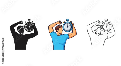 Athletic man flexing muscles while holding a stopwatch in this creative colorful vector graphic design illustration