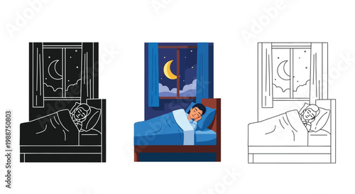 Person sleeping peacefully in a comfortable bed shown as a flat vector graphic design set