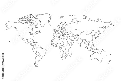 Minimalist World Map Vector Illustration with Country Borders and International Boundaries Isolated on White Background. Simple Flat Outline Map of the Globe for Geography, Travel, and Education.