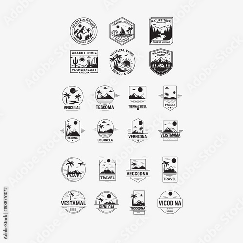Collection of black travel and adventure logo designs on white background