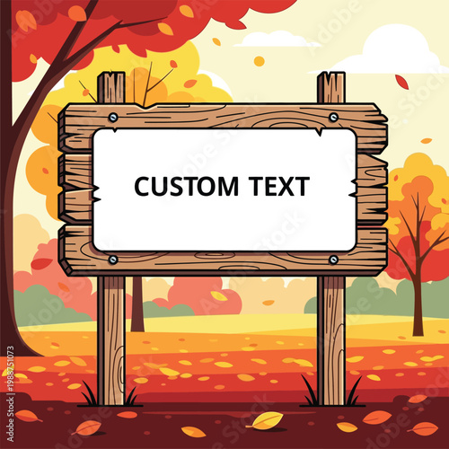 Autumnal wooden signpost with a blank white message board in a park setting with falling leaves, signpost