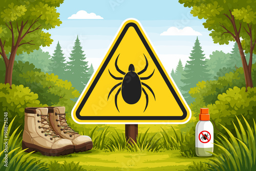 Tick Warning Sign in Forest with Hiking Boots and Insect Repellent Spray, Vector Illustration for Lyme Disease Awareness, Outdoor Safety Precautions, Parasite Prevention, and Wooded Area Caution.