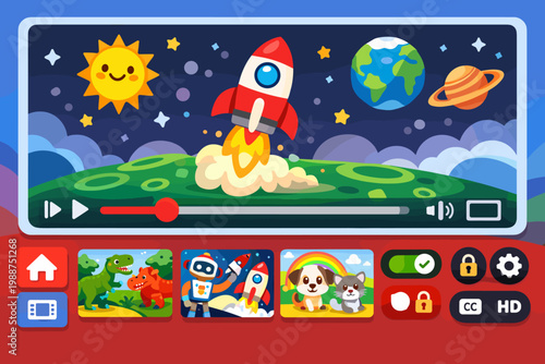 Kid-friendly video player interface with colorful UI design, space rocket animation, and educational content thumbnails featuring dinosaurs and animals. Vibrant cartoon vector for mobile apps.