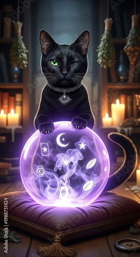 Black cat winks atop glowing orb with mystical symbols, candles flicker