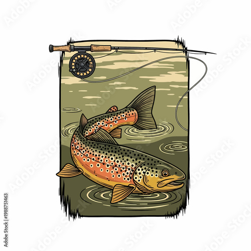 Brown trout jumping with fly fishing rod vector illustration on green background badge style