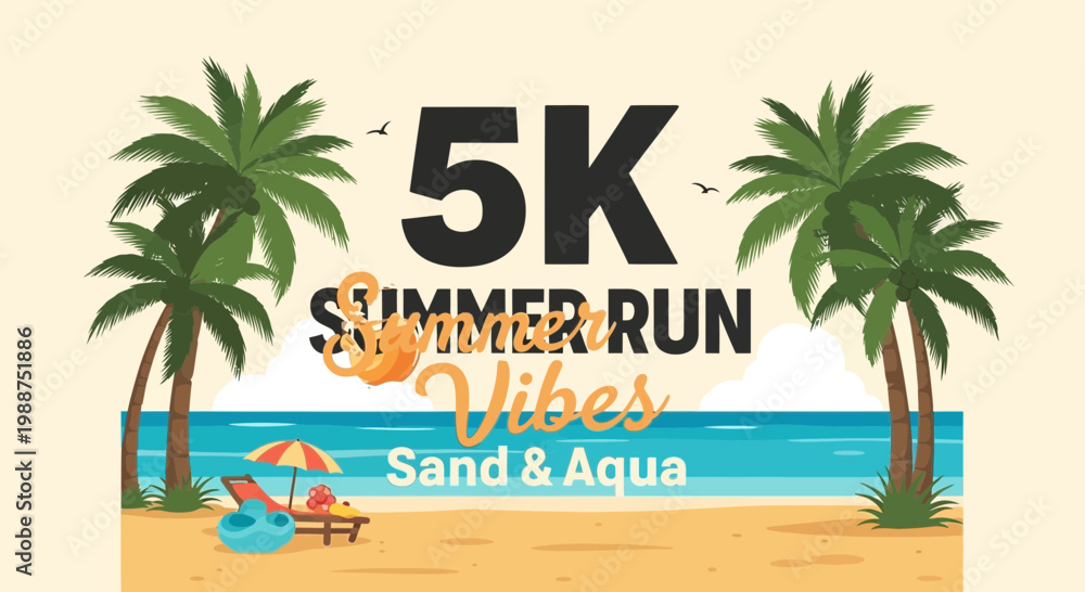 Fototapeta premium Summer Run Event Flyer Featuring Beach Vibes And 5K Race Atmosphere