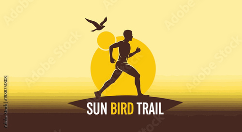 Sun Bird Trail Runner in Silhouette with Bird and Sunset on a Trail, Logo or Poster