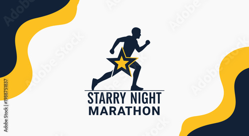 Starry Night Marathon Runner Silhouette With Abstract Yellow And Navy Blue Shapes