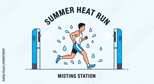 Summer Heat Run Illustration Featuring Runner Cooling Off at Misting Station