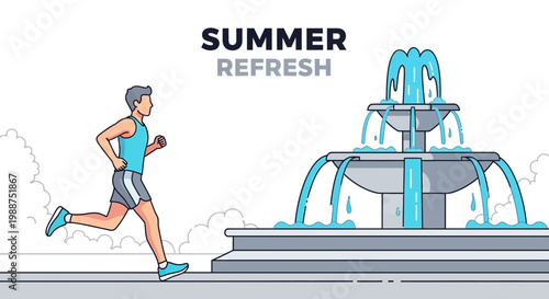 Summer Refresh Concept: Energetic Runner Near Fountain in a Fresh Vector Illustration