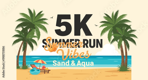 Summer Run Event Flyer Featuring Beach Vibes And 5K Race Atmosphere