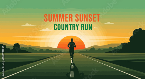 Summer Run in the Sunset on the Road: A Silhouette, Sky, Landscape and Nature Scene