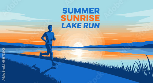 Summer Sunrise Run: Silhouette of Runner Enjoying a Scenic Morning Near the Lake