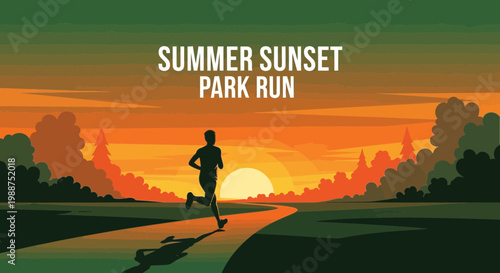 Summer Sunset Park Run Silhouette Depicting Fitness and Athletic Practice Exercise