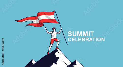 Summit Achievement: Victorious Person Plants Flag on Mountain Peak with Flag Flying High