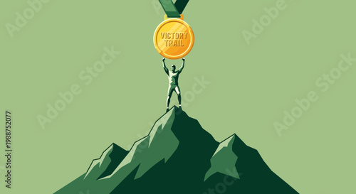 Summit Achievement Victory Medal Topped Mountain Peak Triumph