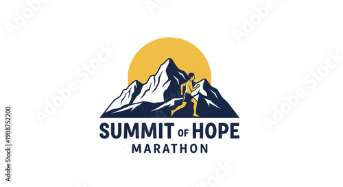 Summit Of Hope Marathon: Illustration Of A Runner Reaching Goals Above Mountains.