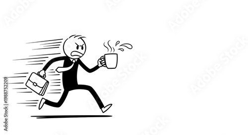 Stressed Businessman Rushing With Coffee, Briefcase, and Angry Expression Illustrated