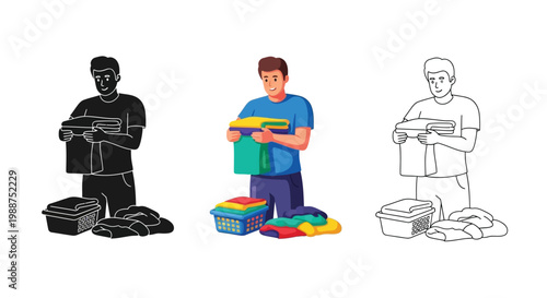 Young man folding clean clothes in a professional vector graphic design for modern household chores usage