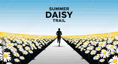 Summer Daisy Trail Running Silhouette Amidst a Vibrant Meadow and Tranquil Blue Sky