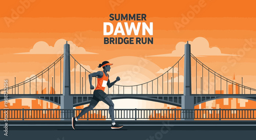 Summer Dawn Bridge Run Depicting a Runner Enjoying the Morning Light and a Spectacular Sunrise
