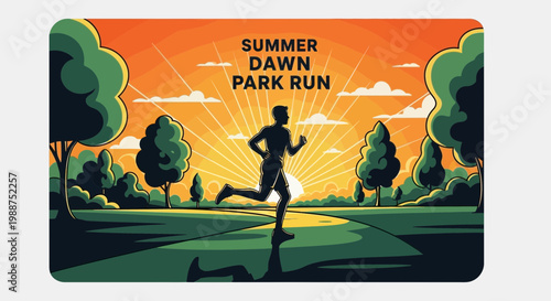 Summer Dawn Park Run Illustration Depicting Running Silhouette at Sunrise Scene