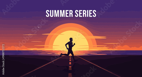 Summer Dusk Runner On The Roadside With A Vivid Sunset Silhouette