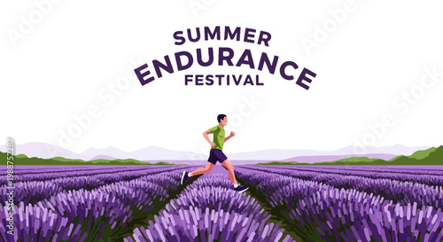 Summer Endurance Event Featuring Runner and Scenic Lavender Field in Stunning Vector Design