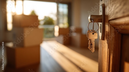 Keys in door leading to new home and cardboard boxes in sunlight