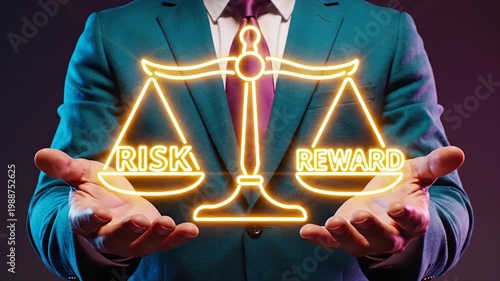 Businessman holding glowing scales of risk and reward